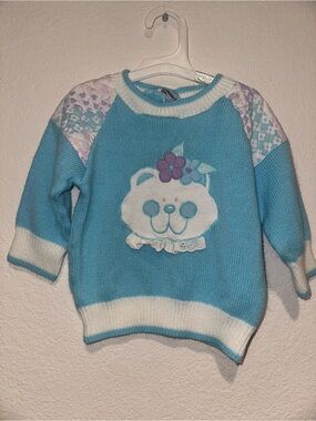 Petite Club Blue/White Knit Baby Sweater w/ Bear Applique Quilt design 18 Months